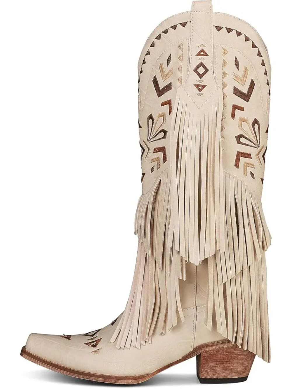 Women's Beige Cowgirl Knee High Fringe Boots Rubber Fleece Microfiber